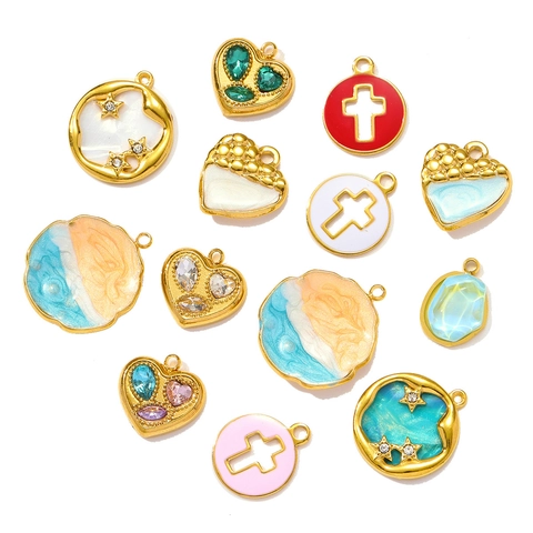 Pendentif en Acier Inoxydable Coquille Émail Verre Cœur Croix Charme Pour Fabrication de Bijoux DIY Collier Bracelet Femme Bijoux