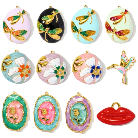 Vintage Stainless Steel Enamel Flower Dragonfly Hummingbird Rose Pendant For DIY Jewelry Making Vintage Charms For Women Gift