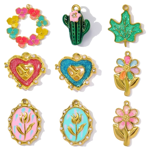 Stainless Steel Enamel Flower Cactus Heart Maple Leaf Pendant Charm For DIY Jewelry Making Accessories For Women Vintage