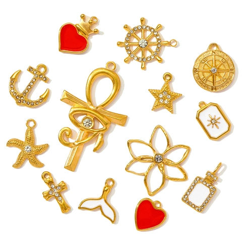 Stainless Steel DIY Jewelry Pendants Rhinestone Enamel Heart Star Cross Whale Tail Anchor Helm Flower Charm For Women