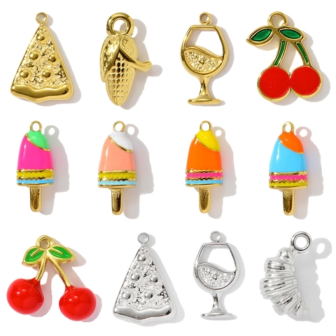 Stainless Steel Enamel DIY Charms For Jewelry Making Cherry Corn Wine Glass Pizza Croissant Ice Cream Pendant Accessory