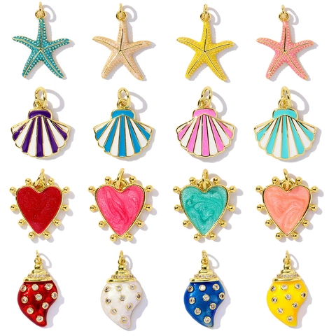 Ocean Theme DIY Jewelry Charms Copper Zirconia Enamel Starfish Shell Heart Conch Pendants For Necklace Earring Making Accessories Women