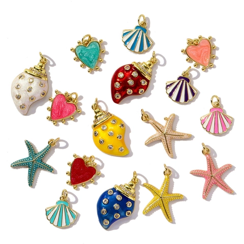Ocean Theme DIY Jewelry Charms Copper Zirconia Enamel Starfish Shell Heart Conch Pendants For Necklace Earring Making Accessories Women