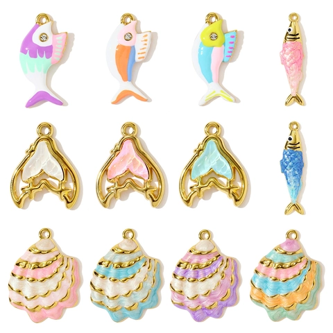 Marine Series Stainless Steel Enamel Pendants Colorful Shell Fish Mermaid Tail Charms For DIY Necklace Jewelry Making Accessories
