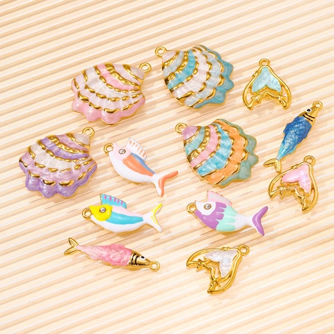 Marine Series Stainless Steel Enamel Pendants Colorful Shell Fish Mermaid Tail Charms For DIY Necklace Jewelry Making Accessories