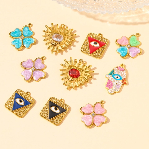 Colgantes de Acero Inoxidable Esmaltado Retro Francés Ojo Turco Trébol Corazón para Fabricación de Joyas DIY Accesorios Collar Mujer
