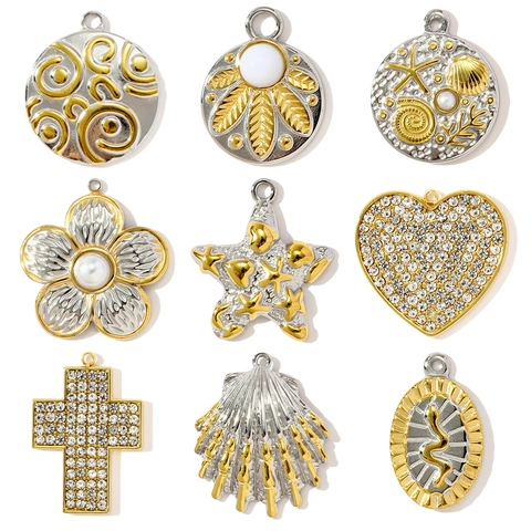 Two-Tone Stainless Steel DIY Jewelry Pendant For Women Vintage Heart Butterfly Cross Shell Artificial Pearl Rhinestone Pendant Accessories