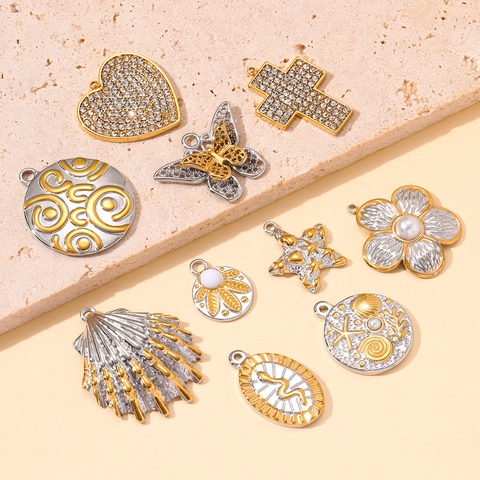 Two-Tone Stainless Steel DIY Jewelry Pendant For Women Vintage Heart Butterfly Cross Shell Artificial Pearl Rhinestone Pendant Accessories