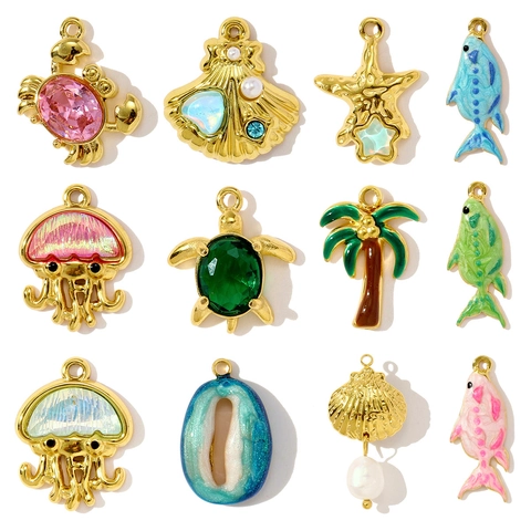 Marine Theme Stainless Steel Enamel Pendants For DIY Jewelry Making Gold Plated Shell Crab Fish Sea Turtle Starfish Charms Women Jewelry Accessories