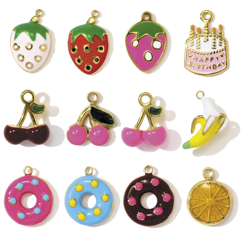 Edelstahl Emaille Frucht Anhänger Für DIY Schmuckherstellung Erdbeere Kirsche Donut Banane Kuchen Form Charms