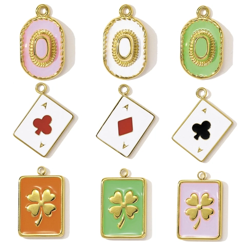 Stainless Steel Enamel Clover Playing Cards Cowboy Hat DIY Jewelry Pendant French Retro Charms For Necklace Earrings Making Women Jewelry Findings