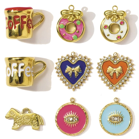 Stainless Steel Enamel Pendants For DIY Jewelry Making Coffee Cup Donut Heart Evil Eye Charm For Women Necklace Accessories