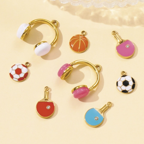 Stainless Steel Sports Charm Enamel Earphone Table Tennis Racket Football Basketball DIY Pendant For Women Jewelry Accessories