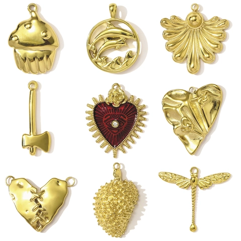 French Vintage Stainless Steel Heart Dragonfly Durian Cupcake Pendant Necklace Earrings Charm For DIY Jewelry Making Accessories