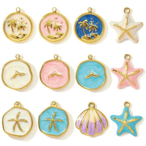 Edelstahl Emaille Ozean Charms Seestern Kokospalme Muschel Anhänger Für DIY Halskette Ohrringe Schmuckherstellung Damen