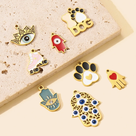 Stainless Steel Enamel Pendants For DIY Jewelry Making Hamsa Hand Evil Eye Dog Paw Heart Shapes Gold Plated Charms For Necklace Bracelet Making
