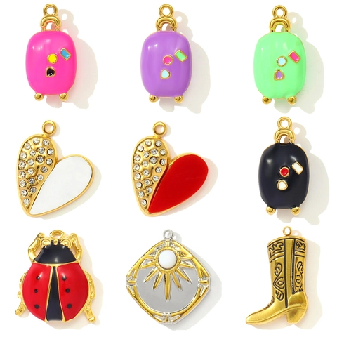 Stainless Steel Enamel Pendants Heart Sun Ladybug Suitcase Cowboy Boot Charms For DIY Jewelry Making Women Necklace Accessory