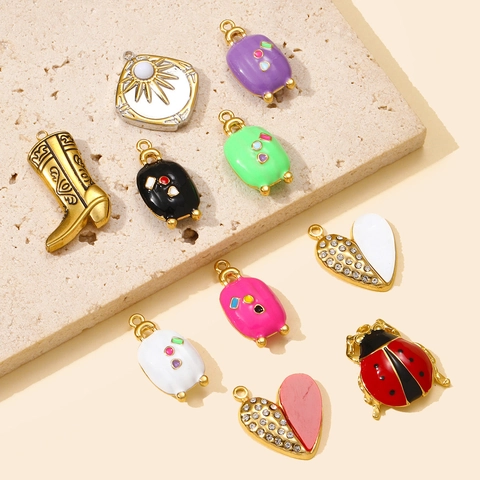 Stainless Steel Enamel Pendants Heart Sun Ladybug Suitcase Cowboy Boot Charms For DIY Jewelry Making Women Necklace Accessory