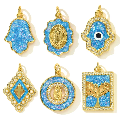 Pendentifs Religieux Délicats en Cuivre Vierge Marie Main de Fatma Mauvais Œil Arbre de Vie Avec Opale Artificielle Zirconia pour Création de Colliers