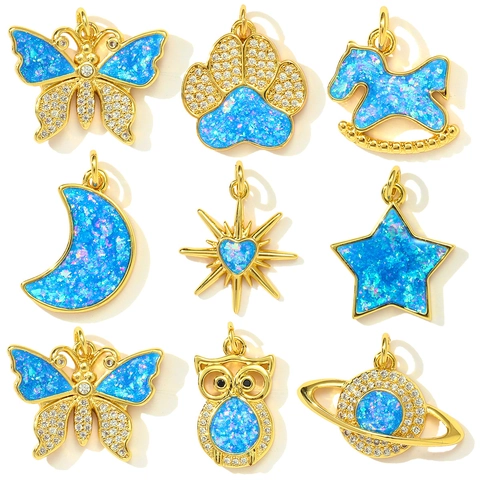Blue Opal Copper Pendants DIY Moon Star Heart Butterfly Owl Saturn Rocking Horse Charms Zircon Gold Plated Jewelry Making Accessories