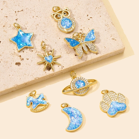 Blue Opal Copper Pendants DIY Moon Star Heart Butterfly Owl Saturn Rocking Horse Charms Zircon Gold Plated Jewelry Making Accessories