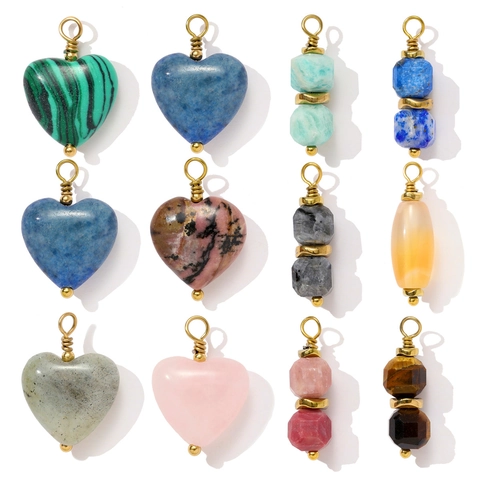 Stainless Steel Natural Stone Heart Cylindrical DIY Pendants For Necklace Earring Making Handmade Wire Wrapped Jewelry Accessories
