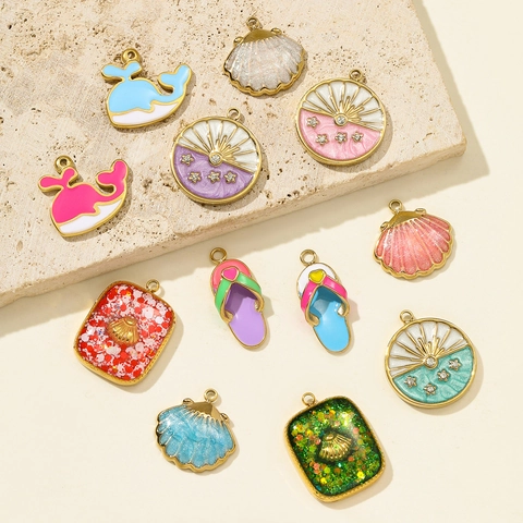 Stainless Steel Enamel Ocean Theme Pendants Beach Shell Whale Flip Flops Sun Star Charms For DIY Jewelry Making Women
