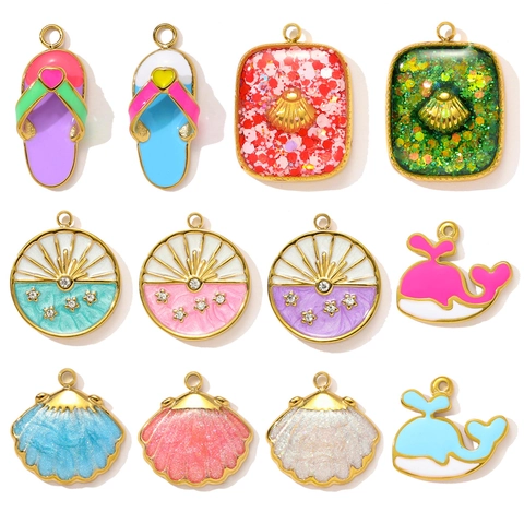 Stainless Steel Enamel Ocean Theme Pendants Beach Shell Whale Flip Flops Sun Star Charms For DIY Jewelry Making Women