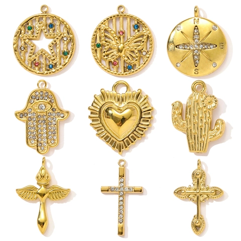 Stainless Steel Pendants For Women DIY Jewelry Making Heart Cross Star Hamsa Hand Gold Plated Rhinestone Charms Necklace Accessories