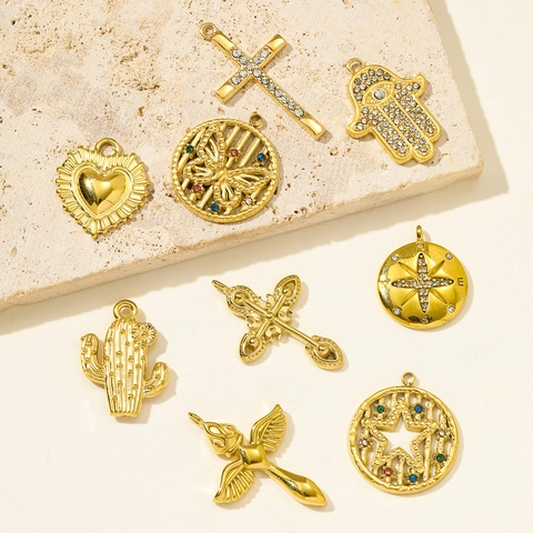 Stainless Steel Pendants For Women DIY Jewelry Making Heart Cross Star Hamsa Hand Gold Plated Rhinestone Charms Necklace Accessories