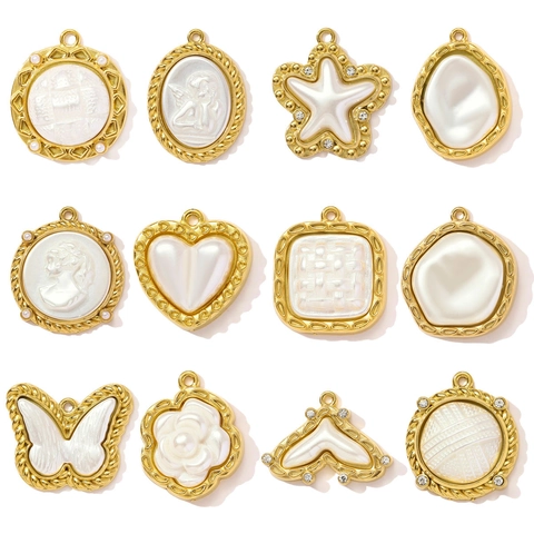 Vintage Stainless Steel Baroque Pendant For DIY Jewelry Making Gold Plated Butterfly Flower Star Angel Cameo Resin Charm