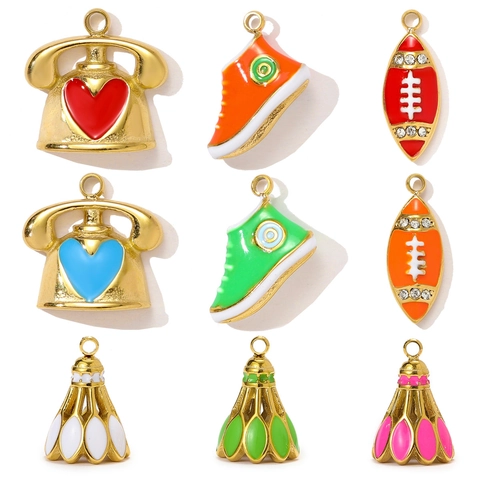 Stainless Steel Enamel Charm Pendant Rugby Football Sneaker Badminton Telephone Shape DIY Jewelry Making Accessories