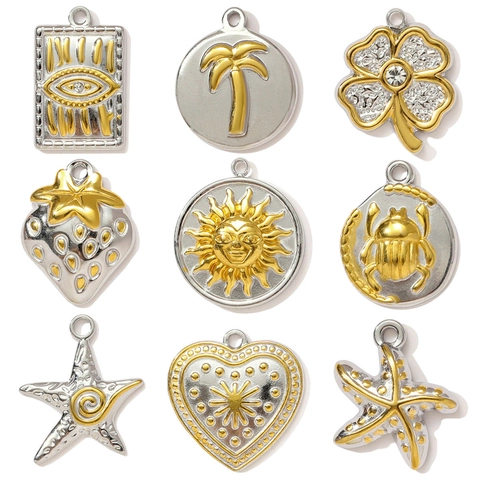 Vintage Stainless Steel Two-Tone Gold Silver DIY Pendants For Jewelry Making Evil Eye Sun Coconut Tree Clover Charms