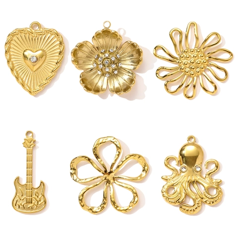 French Vintage Gold Stainless Steel DIY Pendants For Necklace Earring Making Flower Heart Octopus Guitar Baseball Cap Rhinestone Jewelry Charms