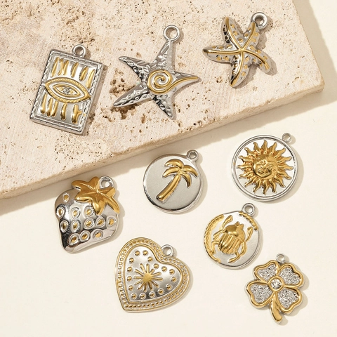 Vintage Stainless Steel Two-Tone Gold Silver DIY Pendants For Jewelry Making Evil Eye Sun Coconut Tree Clover Charms
