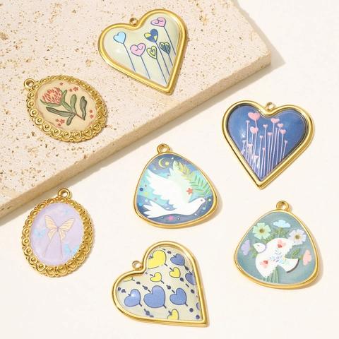Vintage Stainless Steel Enamel Flower Butterfly Dove Heart Pendant For Women DIY Necklace Jewelry Making Accessories