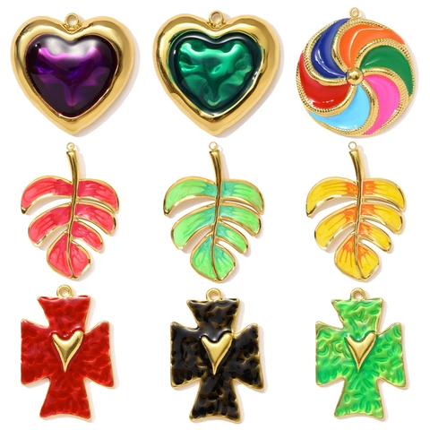 Stainless Steel Enamel Heart Cross Monstera Leaf Pendants For DIY Jewelry Making Gold Electroplated Fashion Charms