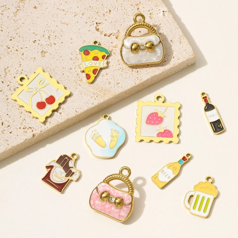 Stainless Steel Enamel Food Jewelry Pendants DIY Heart Pizza Chocolate Cherry Strawberry Handbag Beer Bottle Charms Jewelry Making Findings