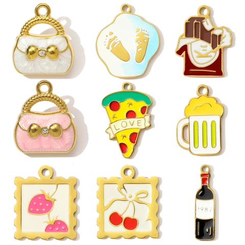 Stainless Steel Enamel Food Jewelry Pendants DIY Heart Pizza Chocolate Cherry Strawberry Handbag Beer Bottle Charms Jewelry Making Findings