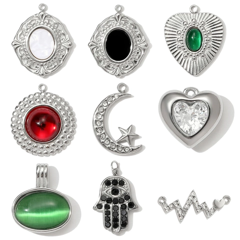 Stainless Steel Heart Pendant Only Mirror Polished Zirconia Cat Eye Stone Hamsa Star Moon Charm For Jewelry Making Women