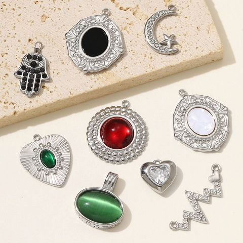 Stainless Steel Heart Pendant Only Mirror Polished Zirconia Cat Eye Stone Hamsa Star Moon Charm For Jewelry Making Women