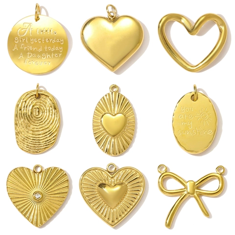 Mirror Polished Stainless Steel Heart Round Bow Pendant Gold Plated Engraved Lettering DIY Jewelry Making Pendants For Women