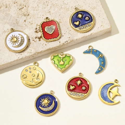 Vintage Stainless Steel Enamel Rhinestone Pendant For Women Celestial Sun Moon Star Heart Crown DIY Necklace Jewelry Charm