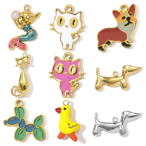 Stainless Steel Enamel Animal Pendant For Jewelry Making DIY Mermaid Corgi Balloon Dog Cat Duck Dachshund Jewelry Charms