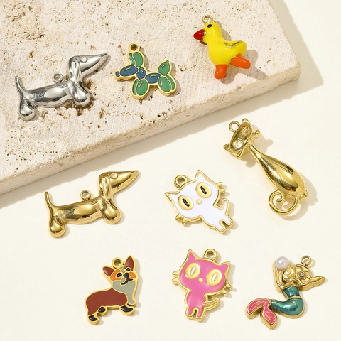 Stainless Steel Enamel Animal Pendant For Jewelry Making DIY Mermaid Corgi Balloon Dog Cat Duck Dachshund Jewelry Charms