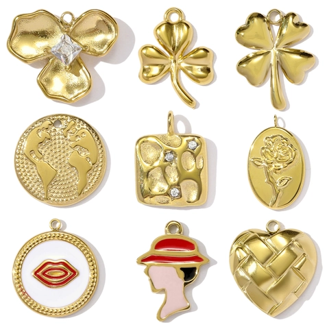 Colgantes Vintage de Acero Inoxidable Trébol Corazón Mapa del Mundo Labios Rosa Silueta de Mujer Dijes Para Joyería DIY Collar Accesorios