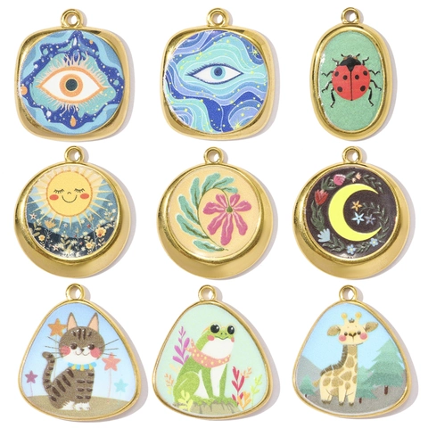 Vintage French DIY Stainless Steel Enamel Animal Pendant Giraffe Cat Frog Moon Sun Evil Eye Pattern Jewelry Accessory Charms