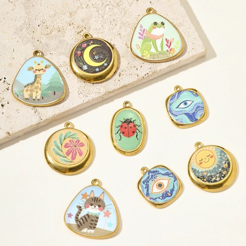 Vintage French DIY Stainless Steel Enamel Animal Pendant Giraffe Cat Frog Moon Sun Evil Eye Pattern Jewelry Accessory Charms