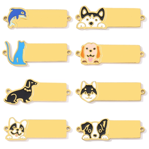 Pendenti Connettori Animali in Acciaio Inossidabile Cane Gatto Delfino Esmalte Rettangolo Per Creazione Gioielli DIY Bracciale Collana