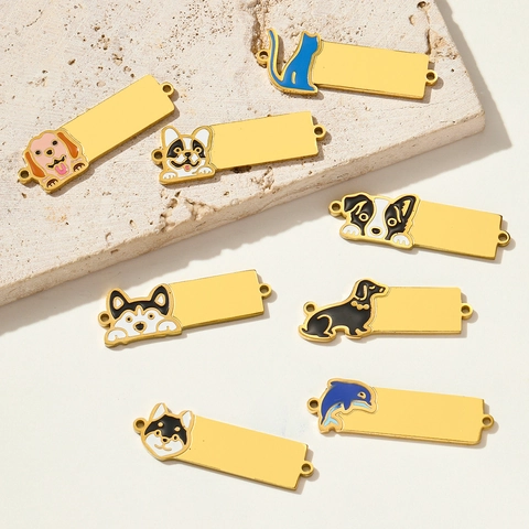 Pendentifs Connecteurs Animaux en Acier Inoxydable Dessin Animé Chien Chat Dauphin Émail Rectangle Pour Fabrication Bijoux DIY Bracelet Collier